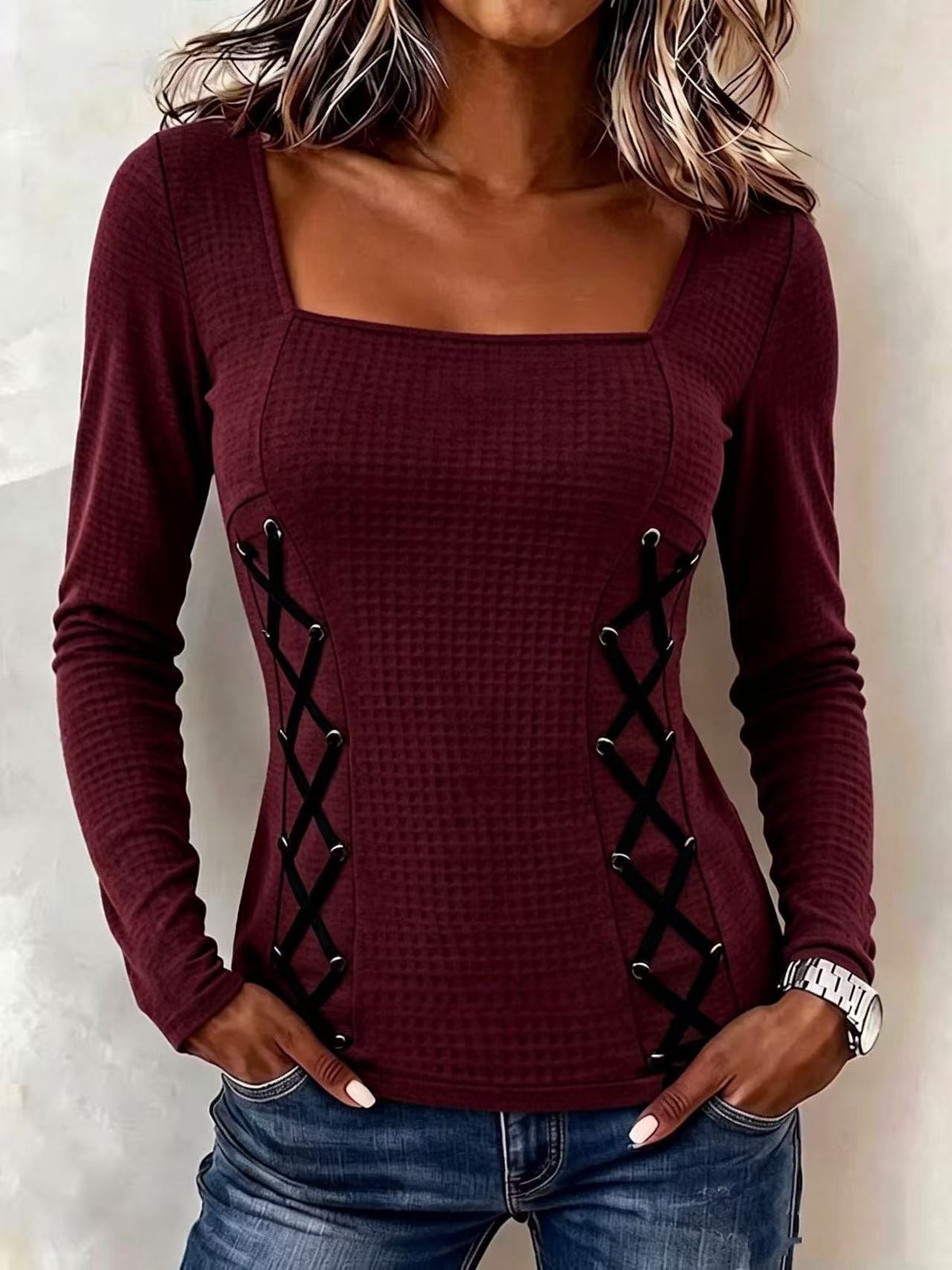 Women's Square Neck Waffle Knit Long Sleeve Top With Side Lace Up Detail