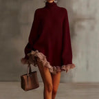 Loose Fit Long Sleeve Knit Sweater Dress Contrast Mesh Ruffle Trim