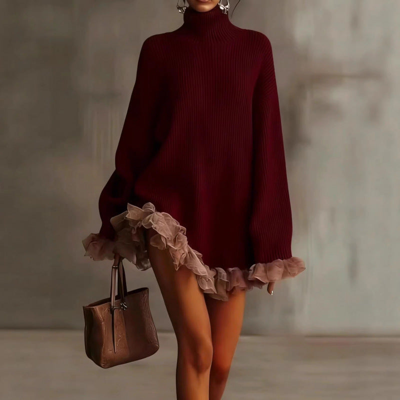 Loose Fit Long Sleeve Knit Sweater Dress Contrast Mesh Ruffle Trim