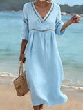 Linen-Blend Hollow Out Trim Midi Beach Dress