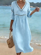 Linen-Blend Hollow Out Trim Midi Beach Dress