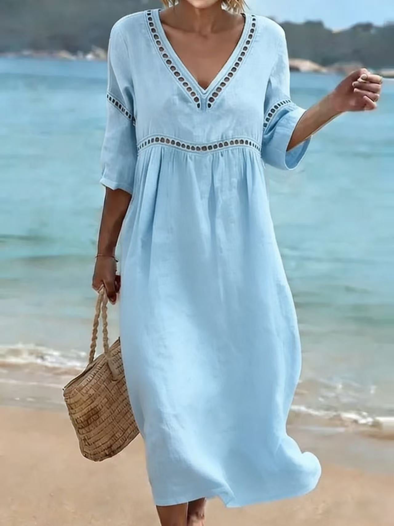 Linen-Blend Hollow Out Trim Midi Beach Dress