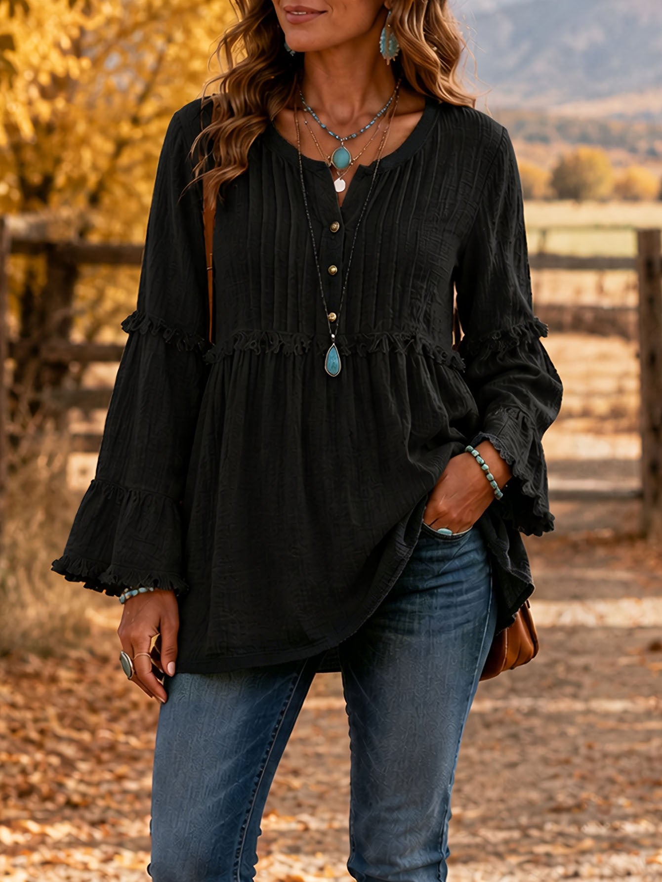 Boho Ruffle Bell Sleeve Tunic Casual  Blouse