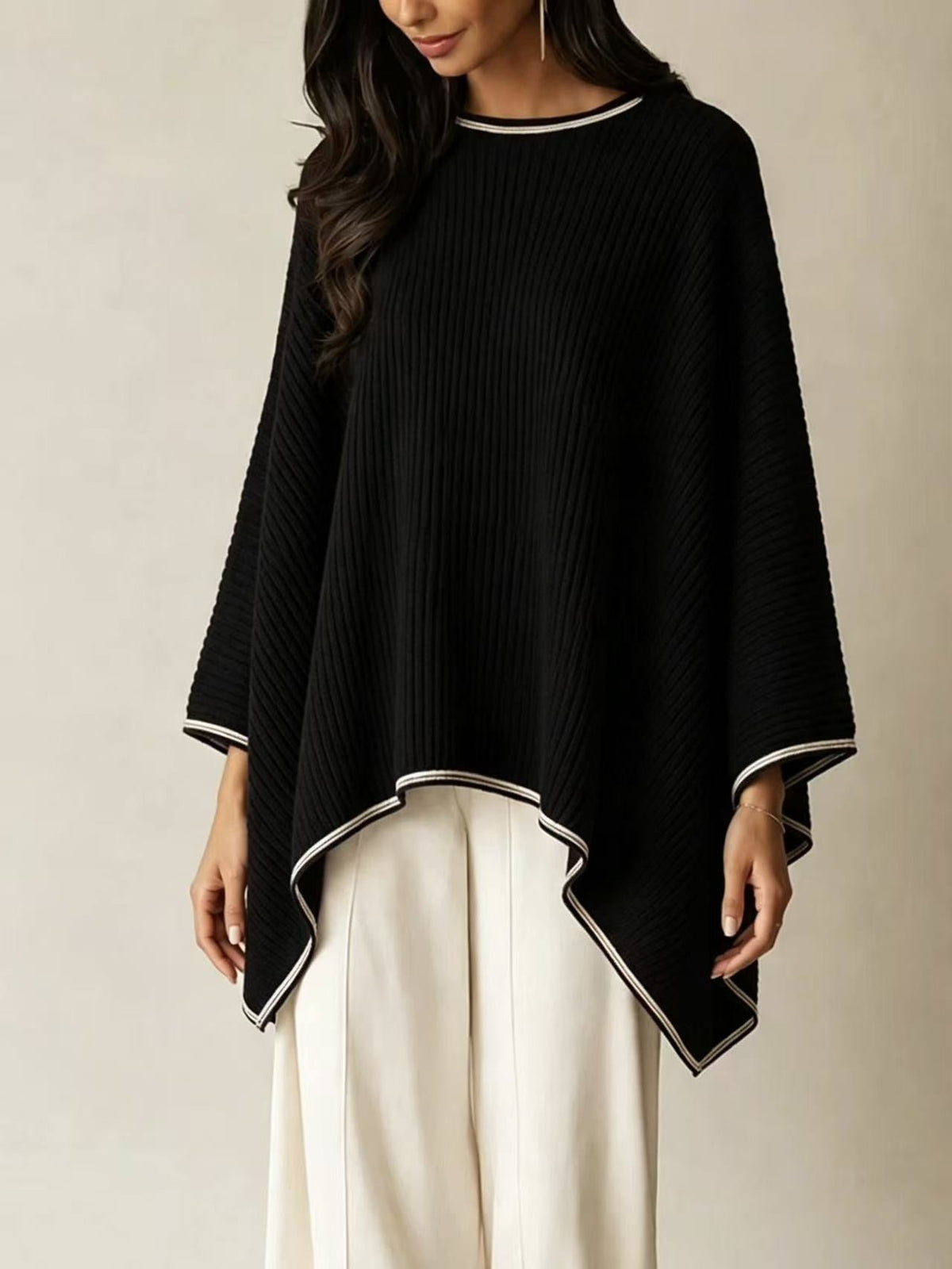 Contrast Trim Ribbed Knit Poncho Top