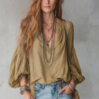 Split V-Neck Puff Long Sleeve Loose Textured Blouse
