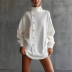 Oversized Asymmetric Button Turtleneck Knit Mini Dress