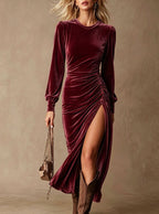 Velvet Ruched Side?Slit Long?Sleeve Midi Dress