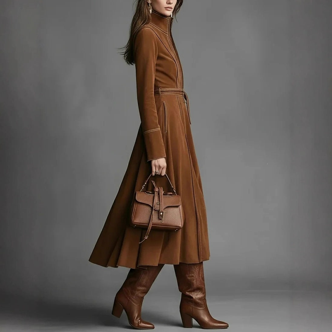 Women's Solid Brown Suede Zip?Front Belted Long?Sleeve Midi Dress