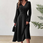 V?Neck Twist?Knot Waist Long?Sleeve Midi Dress