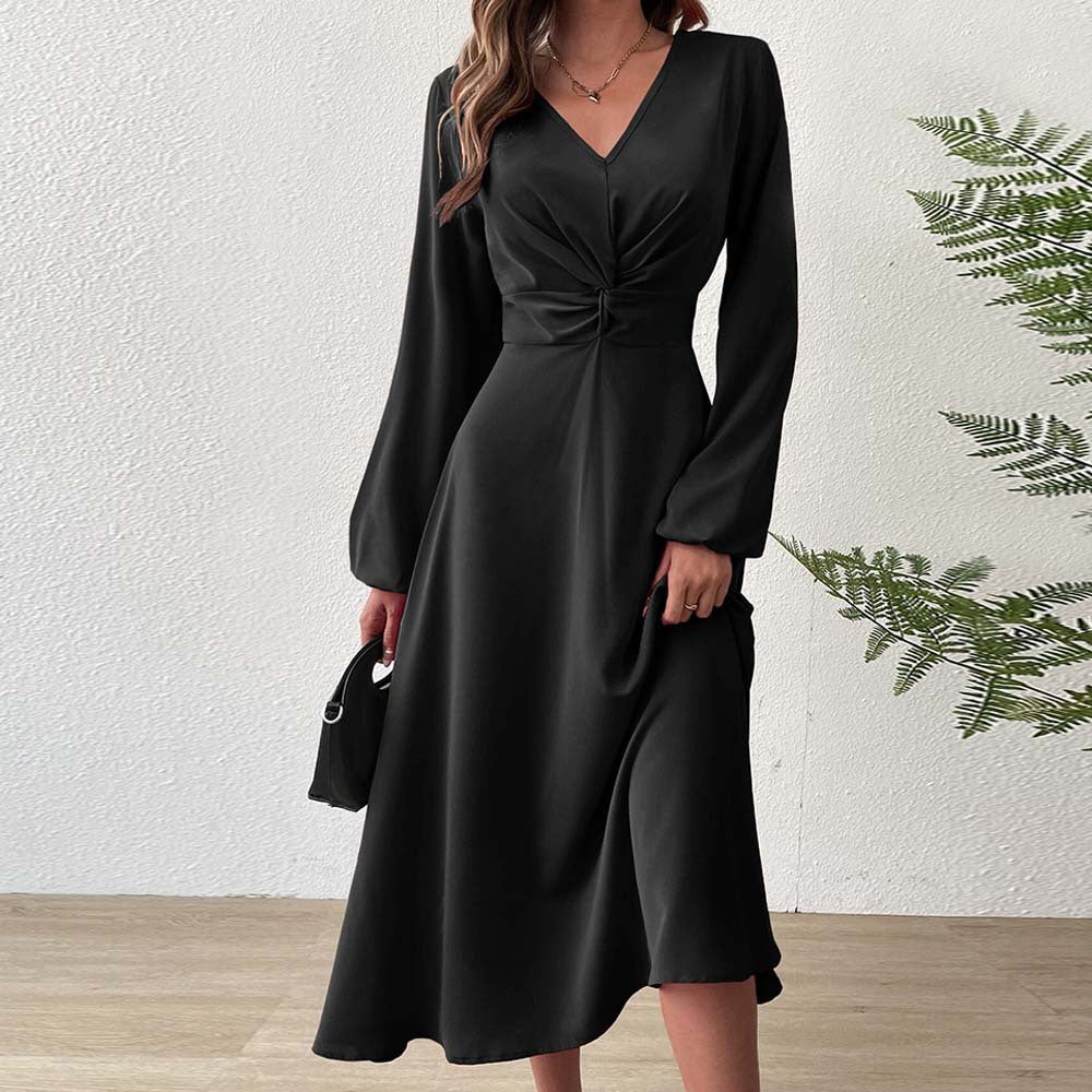 V?Neck Twist?Knot Waist Long?Sleeve Midi Dress