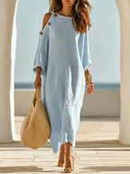 Linen?Blend Cold?Shoulder Button Detail Loose Maxi Dress