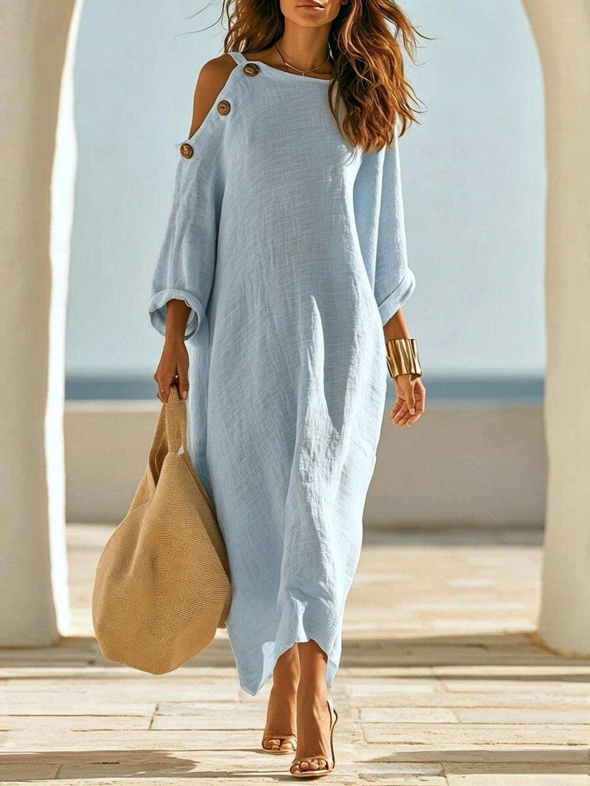 Linen?Blend Cold?Shoulder Button Detail Loose Maxi Dress