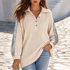 Ribbed Knit Polo Top with Sequin Sleeves