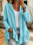 Ruffle Hooded Cardigan – Oversized Knit Open-Front Hoodie
