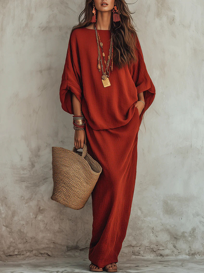 Textured Linen Batwing Top & Wide Leg Maxi Skirt Two-Piece Set