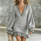 Women's Ribbed Knit Leopard‑Trim V‑Neck Balloon Sleeve Mini Dress