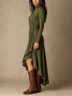 Mock Neck Wrap Dress with Asymmetric Ruffle Hem