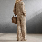 Leopard Print Knit 2-Piece Outfit: Crewneck Sweater & Wide Leg Trousers Set