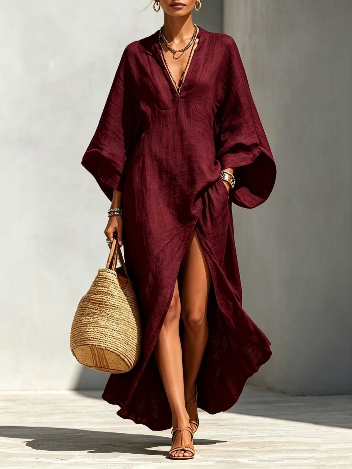 Linen?Blend V?Neck Kaftan Maxi Dress