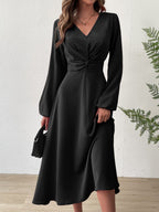 V?Neck Twist?Knot Waist Long?Sleeve Midi Dress