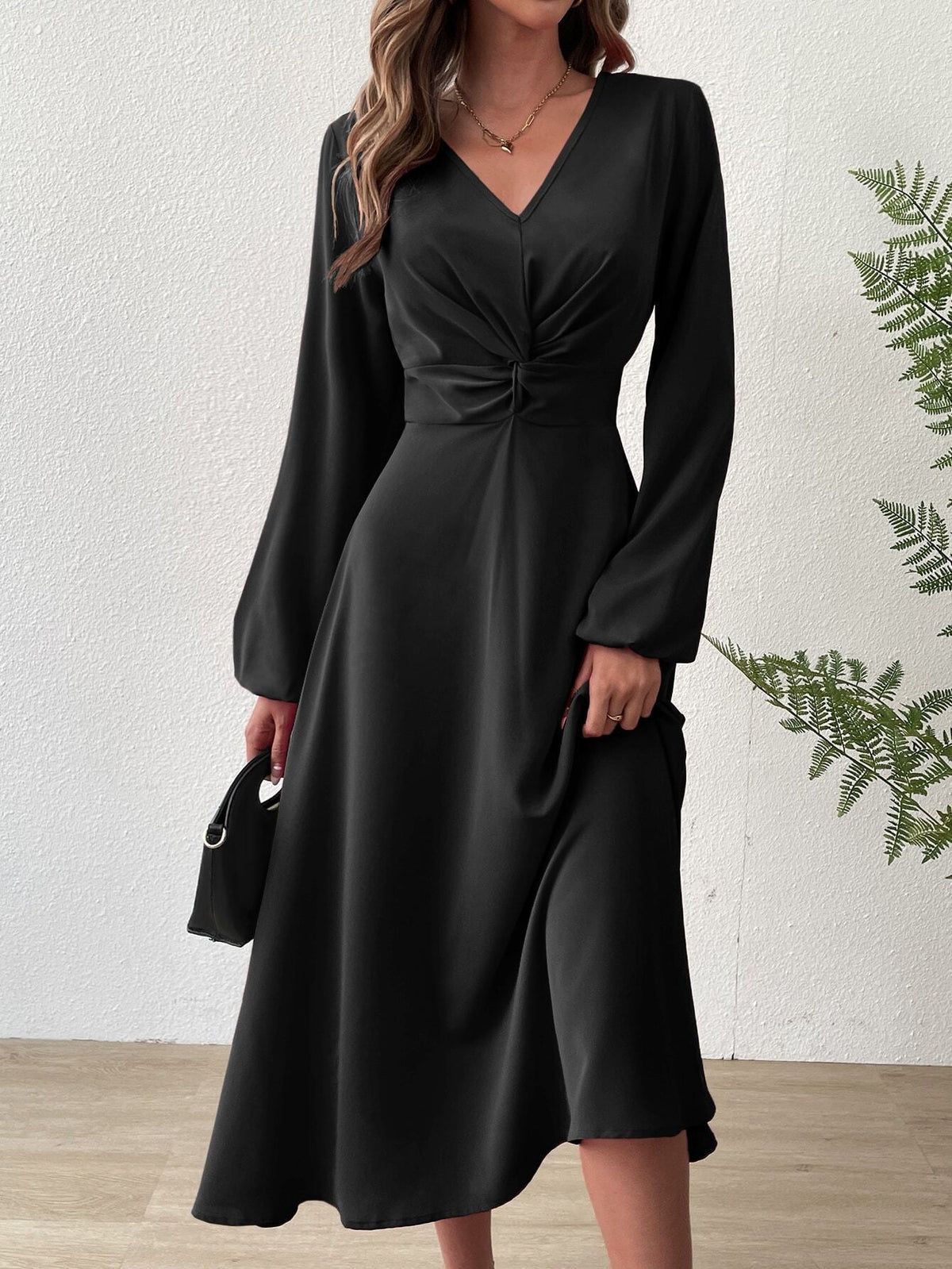 V?Neck Twist?Knot Waist Long?Sleeve Midi Dress