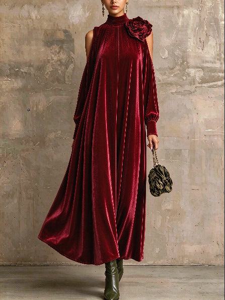 Women's High Neck Cold Shoulder Velvet Maxi Dress With 3D Flower Decoration