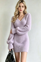 V-Neck Fuzzy Long Sleeve Bodycon Mini Knit Dress