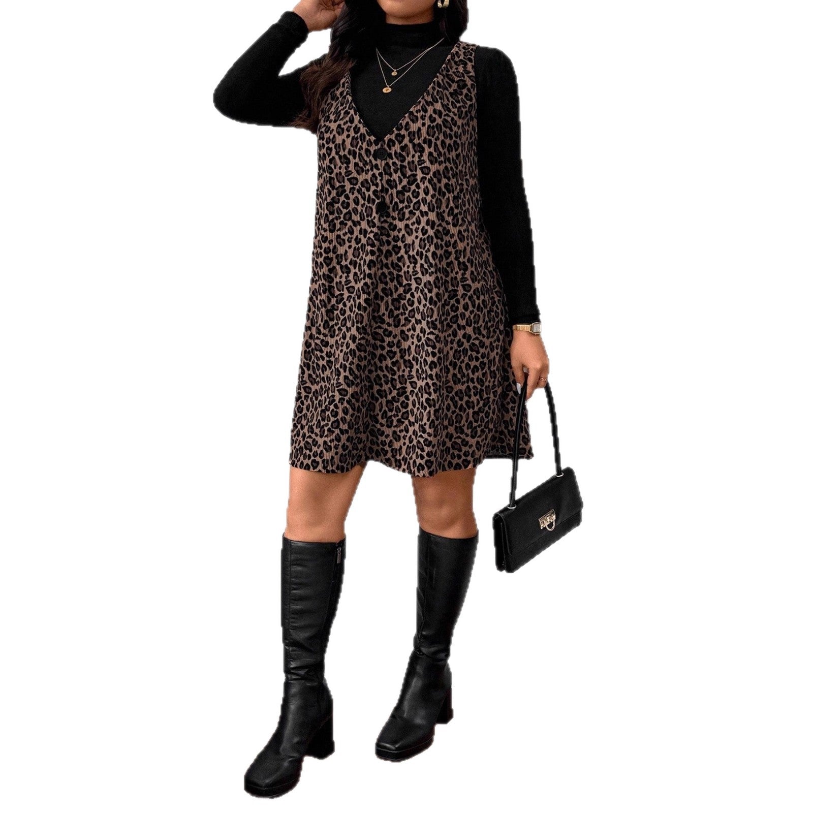 Women's High‑Neck Long Sleeve Top & V‑Neck Sleeveless Mini Dress Two‑Piece Set