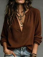 Women's Solid Waffle Knit Notch V Neck Long Sleeve Loose Casual Blouse Top