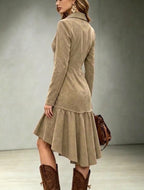 Suede Shirt Dress with Ruffled High-Low Hem