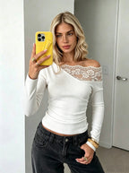 Stylish And Elegant Off-shoulder Knit Top With Lace Detailing
