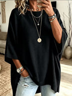 Women's Solid Brown Round Neck Batwing 3/4 Sleeve Loose Knit Tunic Sweater