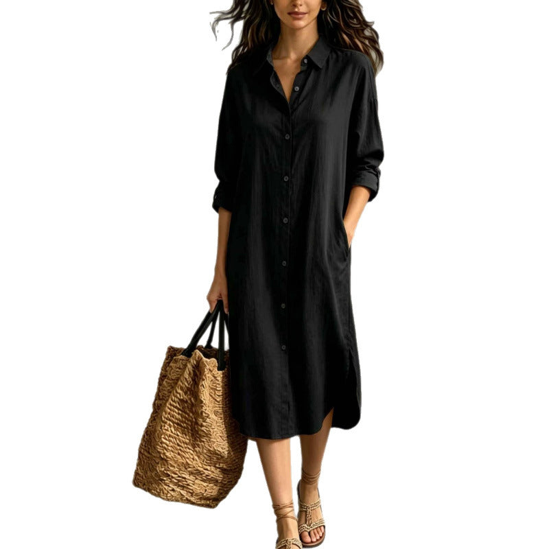 Oversized Linen?Blend Shirt Midi Dress