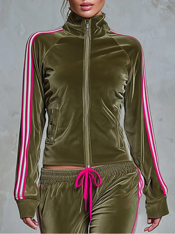 Women’s Striped Side Zip Up Velvet Tracksuit 2 Piece Outfit