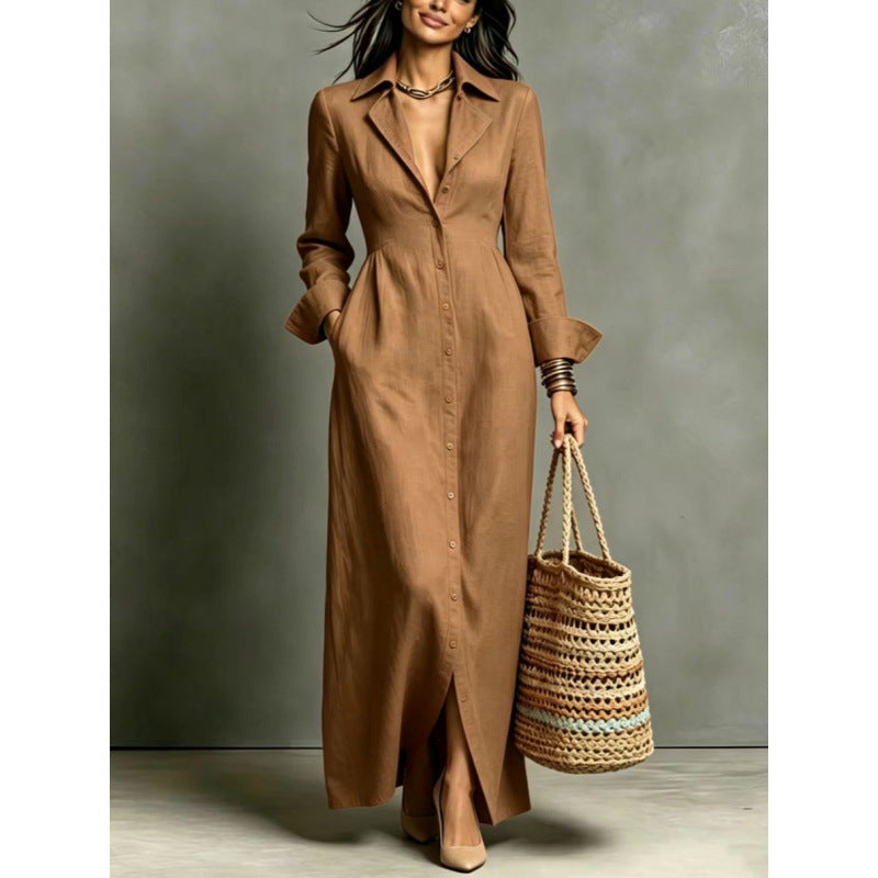 Women's Lapel Collar Button‑Front Linen Shirt Maxi Dress