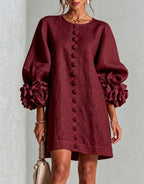 Blush Pink Fabric Floral Appliqué Balloon‑Sleeve Shift Mini Dress