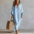 Women's Light Striped Linen-Blend Kaftan Maxi Dress - Oversized V-Neck Beach Cover-Up