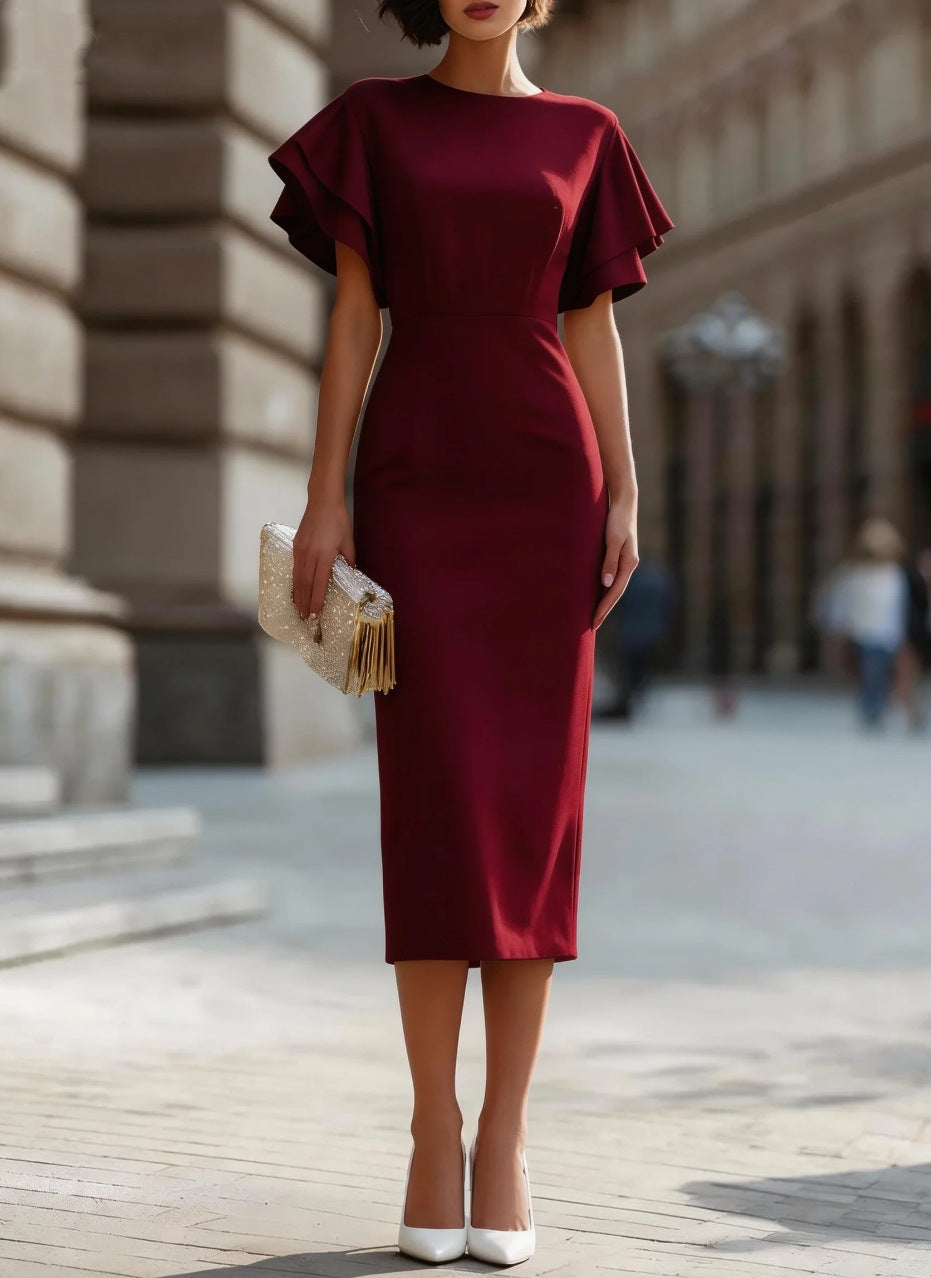 Round Neck Double?Layer Ruffle Flutter Sleeve Bodycon Midi Dress