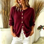 Crew Neck Gold?Button Ribbed Knit Cardigan