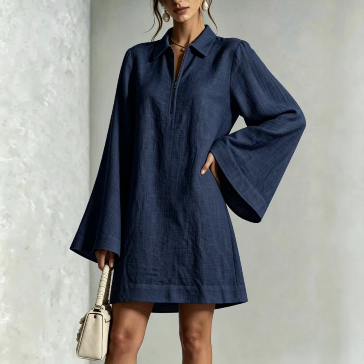 Collared Half Zip Bell Long Sleeve Linen Blend Mini Shirt Dress