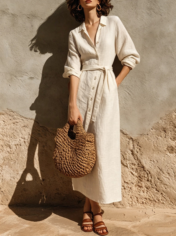 Linen?Blend Belted Button?Front Collared Midi Shirt Dress
