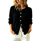 Crew Neck Gold?Button Ribbed Knit Cardigan