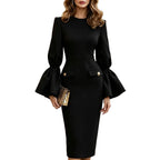 Women's Solid White Bell?Sleeve Gold?Button Pocket Pencil Midi Dress