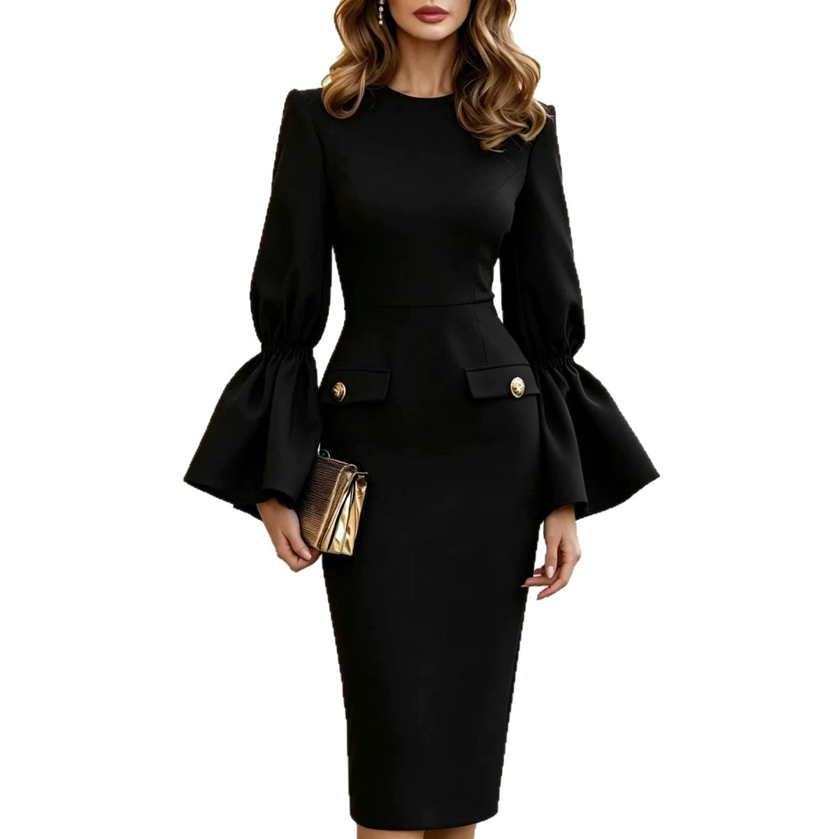 Women's Solid White Bell?Sleeve Gold?Button Pocket Pencil Midi Dress
