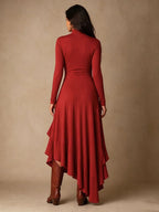 Mock Neck Wrap Dress with Asymmetric Ruffle Hem
