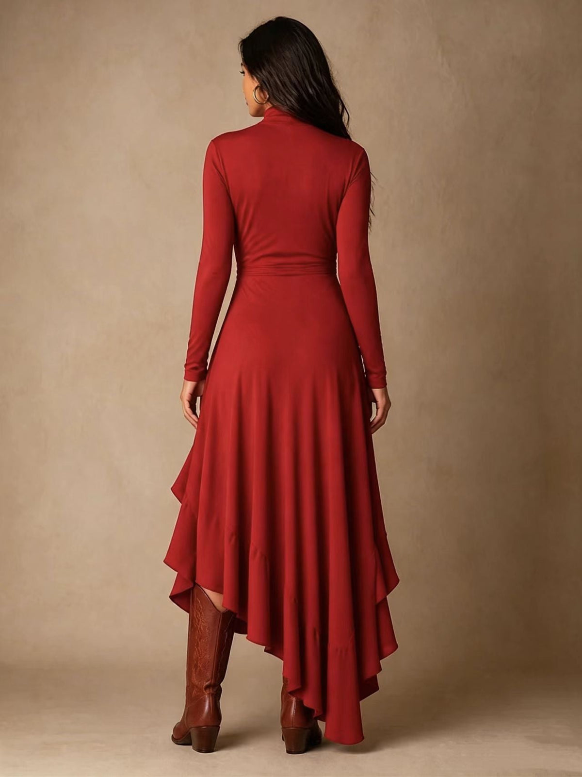 Mock Neck Wrap Dress with Asymmetric Ruffle Hem