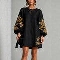 Black Linen Shift Mini Dress with Gold Leaf Embroidery Balloon Long Sleeves