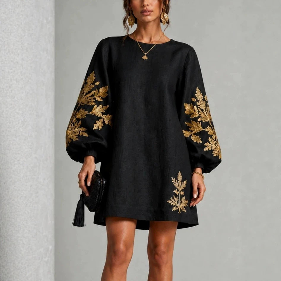 Black Linen Shift Mini Dress with Gold Leaf Embroidery Balloon Long Sleeves
