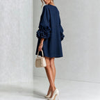 Blush Pink Fabric Floral Appliqué Balloon‑Sleeve Shift Mini Dress