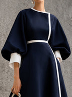 Women¡¯s Solid Navy Contrast?Trim Balloon?Sleeve Belted Maxi Dress